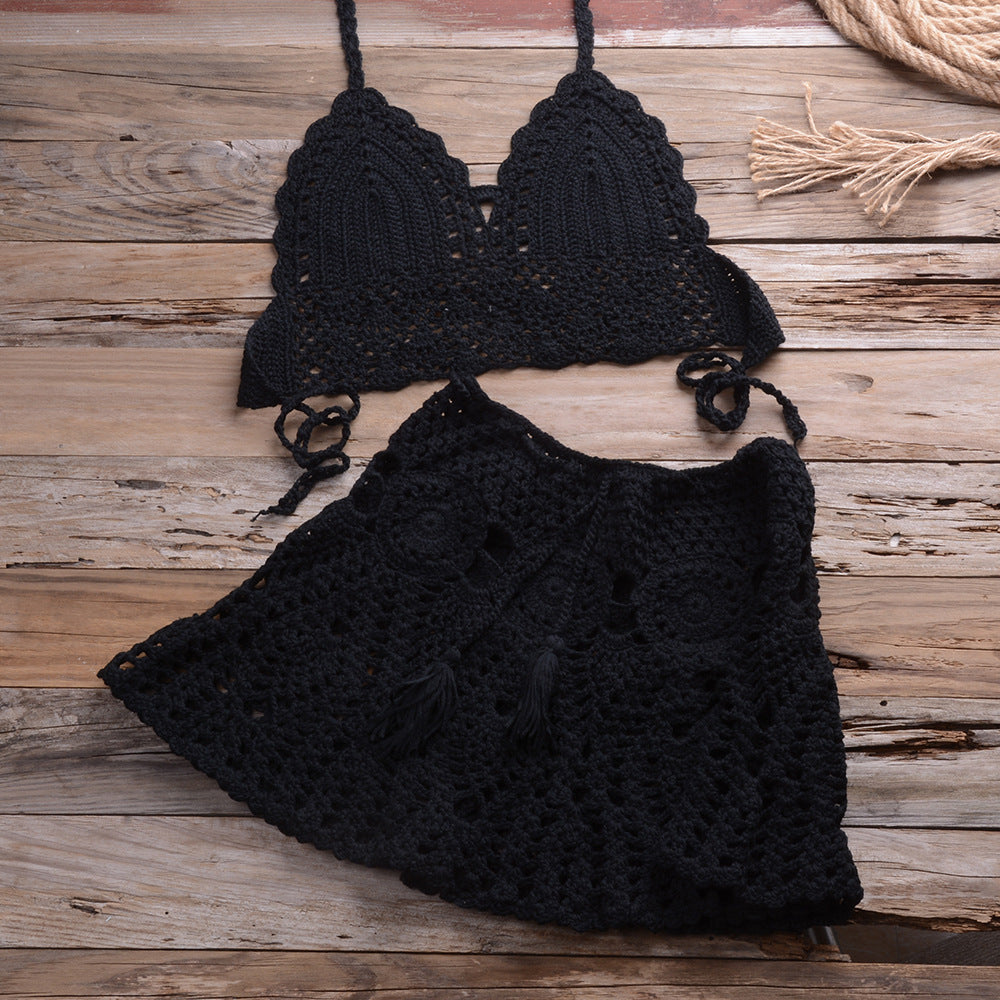 Hand Crocheting Bikini Wrapped Chest with Sexy All-Matching Hollow Out Cutout Pleated Skirt Split Swimsuit Bella Mia